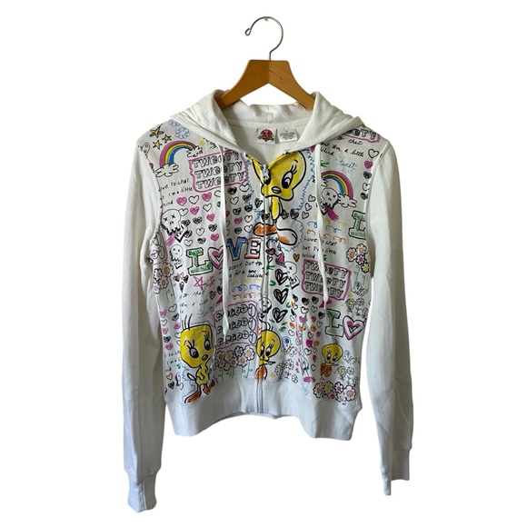 Looney Tunes Mania Tops - Vtg Looney Tunes Tweety Bird Y2K 90s Graffiti Retro Multicolor Zip Up Hoodie L